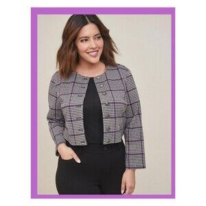 NWT Torrid 5X Plaid Grey Studio Double Knit Cropped Collarless Jacket Blazer